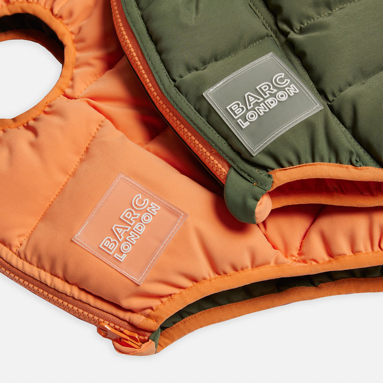 Reversible Dog Puffer Jacket: Coral & Khaki Green