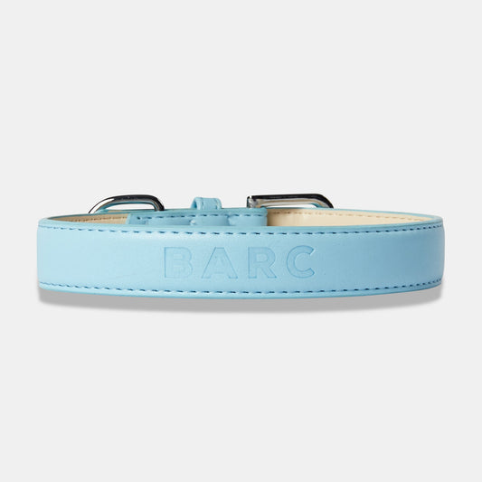 Blue Leather Dog Collar with Embossed Barc Branding