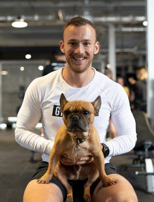 Athlete Fergus Crawley with his French Bulldog Odie