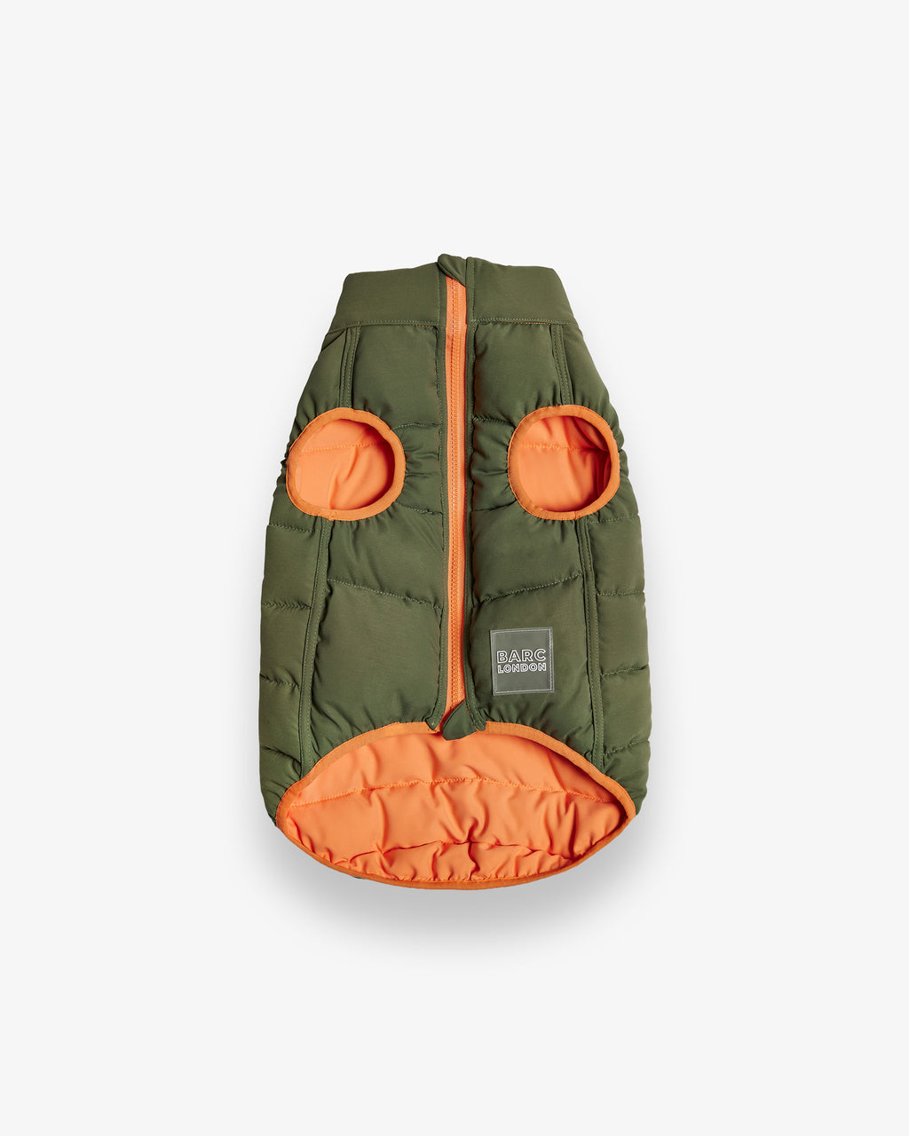 Reversible Puffer by Barc London, Khaki and Coral, with zip fastening