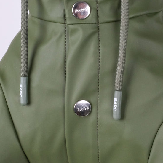 green dog raincoat with branded poppers, from barc london