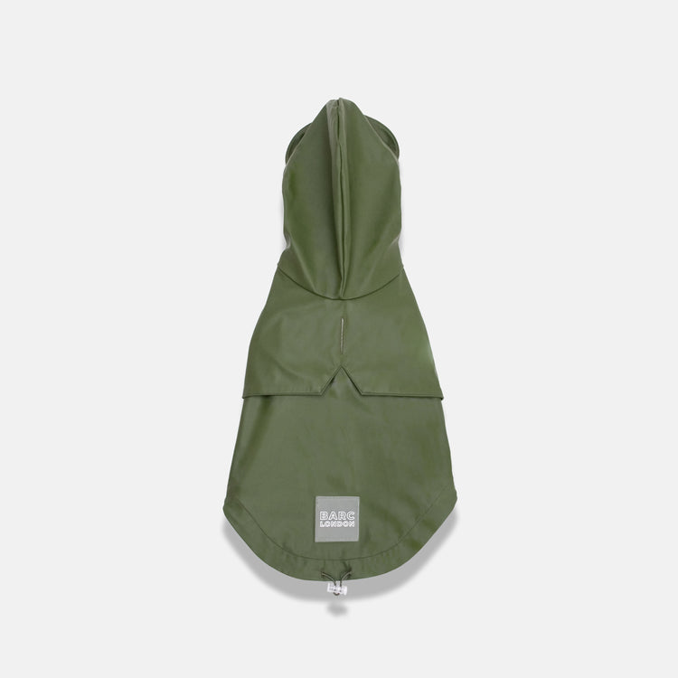 green dog raincoat with added storm shield, available at Barc London