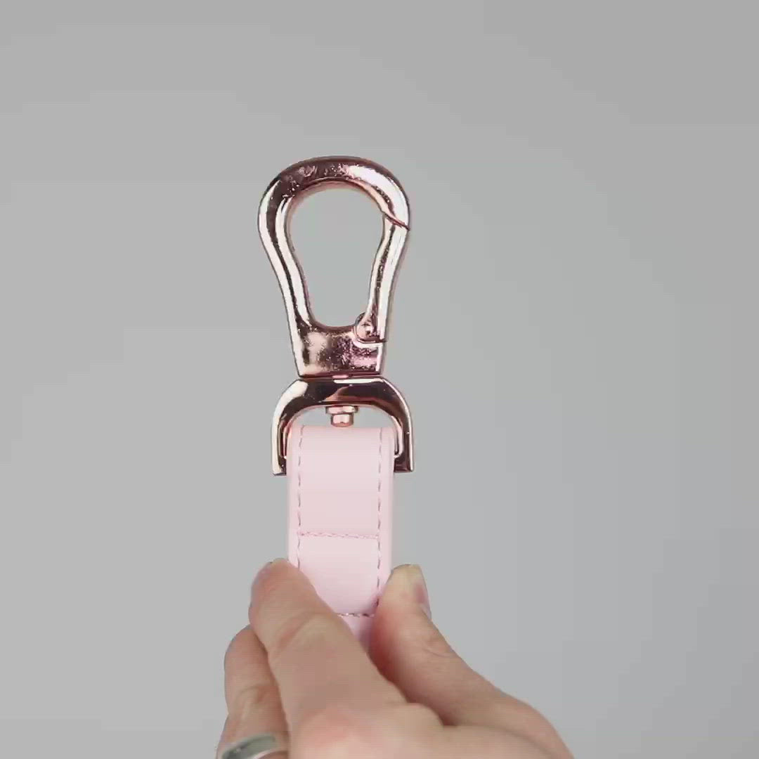 Pink Dog Lead With Strong Rose Gold Buckles for Easy Clipping and Soft Vegan Leather Handle and Strap.