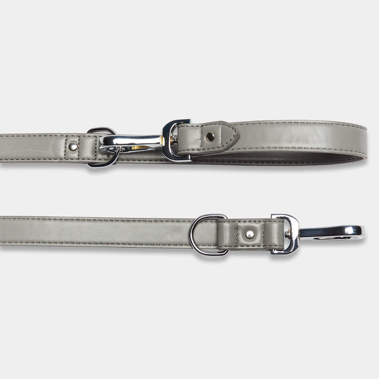 Ash Grey Double Ended Dog Lead in Quality Vegan Leather. Silver Clips, D Rings & Buckles.