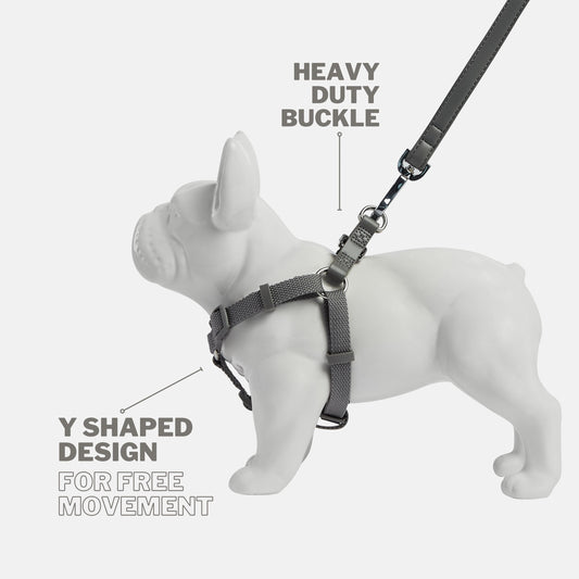 Ash Grey Y Shaped Dog Harness with Vegan Leather Back Straps and Heavy Duty Chrome Buckle