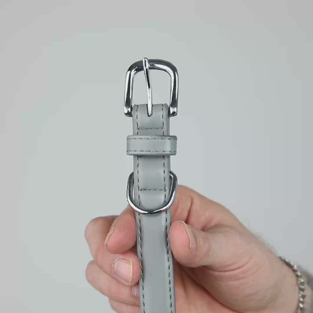 Grey Dog Collar with Flat Buckle and High Quality Stitching. Made from Vegan Leather with Guidance for Clipping to a Barc London Lead