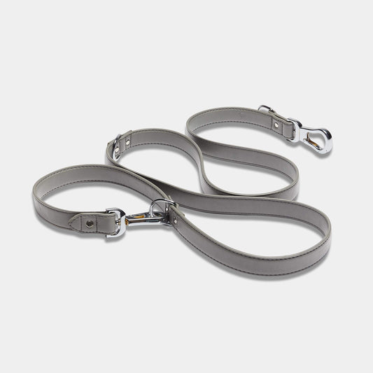 Grey Extendable Dog Lead with Double Ended Silver Clips & D Ring