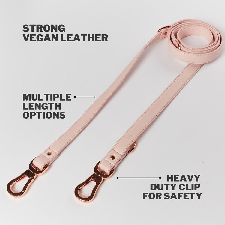Pink Dog Lead With Rose Gold Heavy Duty Clips and High Quality Vegan Leather