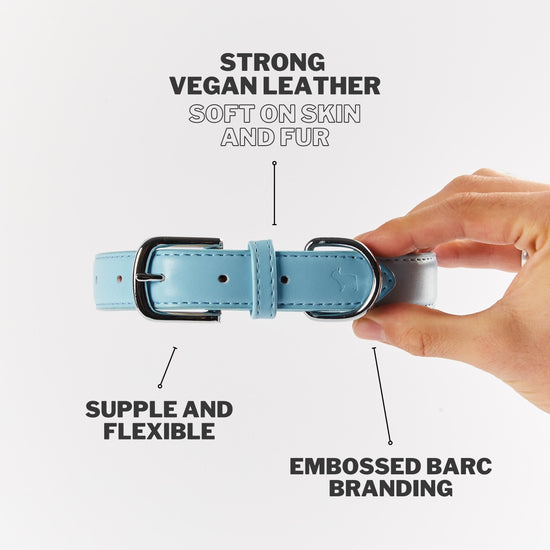 Blue Dog Collar Made From Vegan Leather, Soft on Fur, Supple and Flexible with Barc London Branding